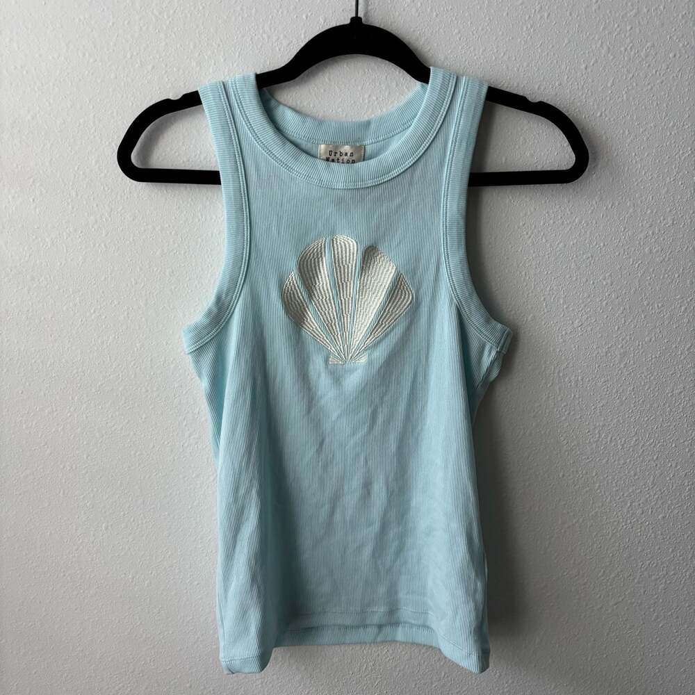 Urban Nation Light Blue Ribbed Tank Top with Seashell Embroidery